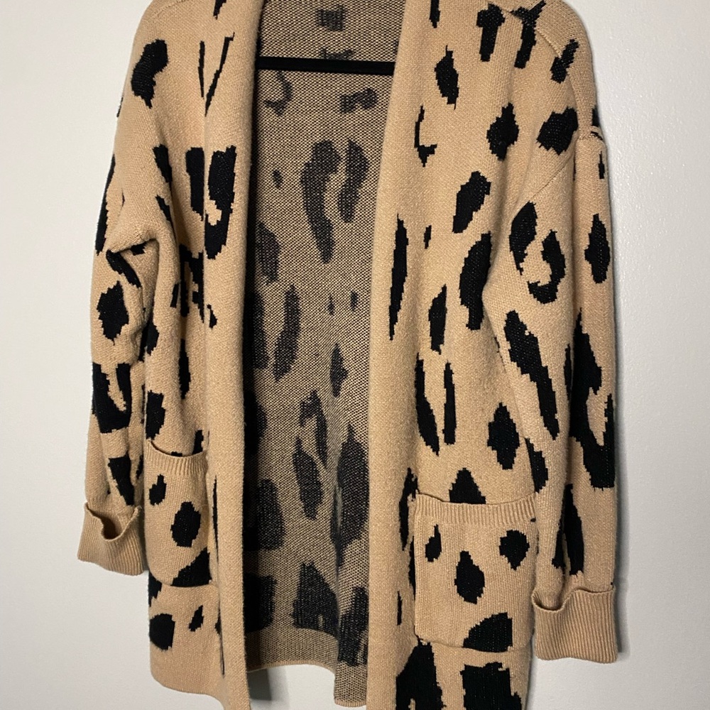 Tan and Black Leopard Print Cardigan Sweater